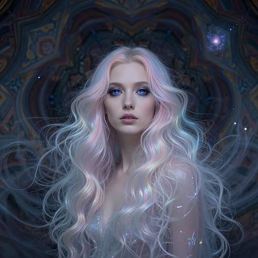 Digital fantasy portrait of a fair-skinned, blue-eyed woman with long, wavy, pastel pink and blue hair, set against a dark,