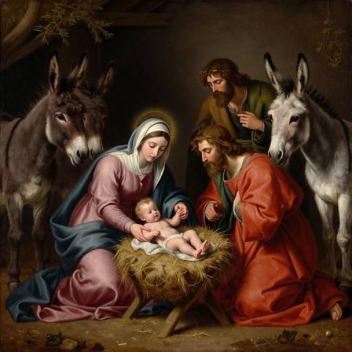 Baroque-style painting of the Holy Family: Mary in blue and pink, Joseph in red, Jesus in a manger, surrounded by donkeys.