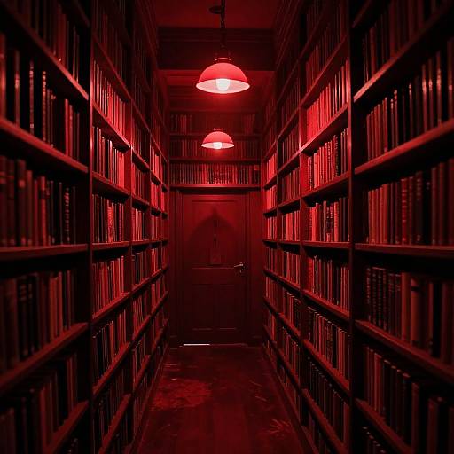 Photograph of a dimly lit, narrow library aisle with red-hued overhead lights, lined with dark wooden bookshelves filled with books. The