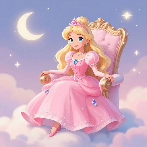 Digital anime-style illustration of a blonde princess with blue eyes, wearing a pink dress and tiara, sitting on a cloud throne under a crescent moon