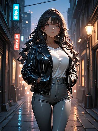 Digital anime-style drawing of a confident, attractive young woman with long black hair, wearing a black leather jacket and tight gray pants, walking down a dim