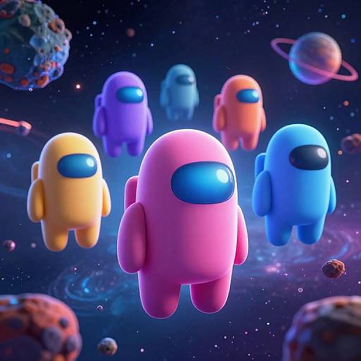 CGI image of five colorful, round, blob-like space creatures with blue visors floating in a vibrant, starry outer space with planets and asteroids