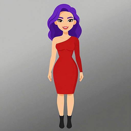 Digital cartoon of a woman with purple hair, wearing a red one-shoulder dress and black boots, standing against a gradient gray background.