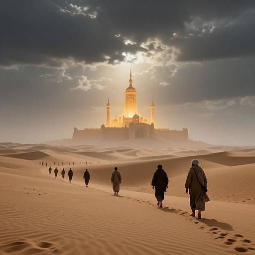 Photograph of a desert landscape with a group of people walking towards a glowing, sunlit, domed castle in the distance under a dramatic, cloudy