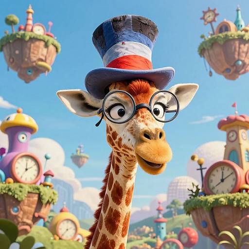 Digital illustration of a giraffe with a top hat, glasses, and striped hat band, set against a whimsical, clock-filled, floating village background