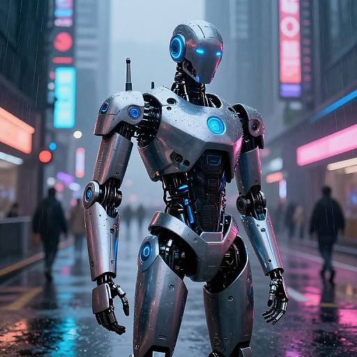 CGI image of a glowing blue-eyed, silver robot standing in a rainy, neon-lit city street with blurred pedestrians and colorful signs.