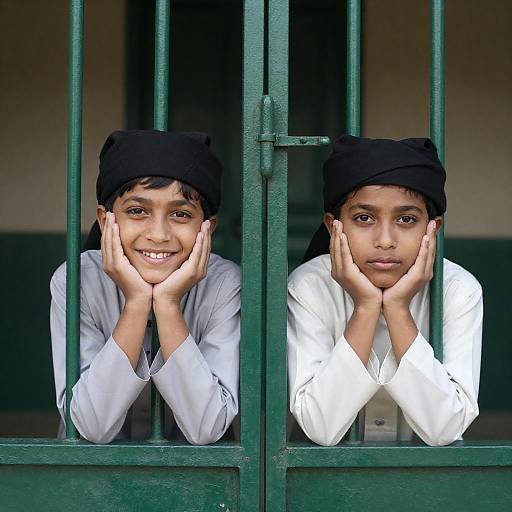 Two Boys by a Green Metal Gate