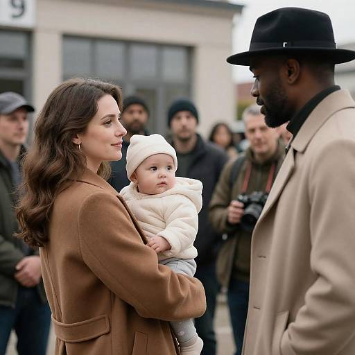 Woman Holding Baby Facing Man Outdoors
