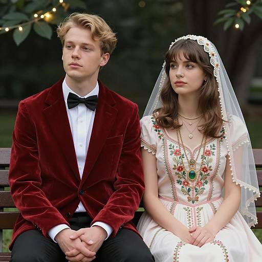 Couple in Formal Attire Sitting on Bench
