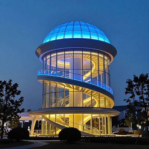 Photograph of a modern, cylindrical glass building with a glowing blue dome at night, illuminated spiral staircase inside, surrounded by trees.