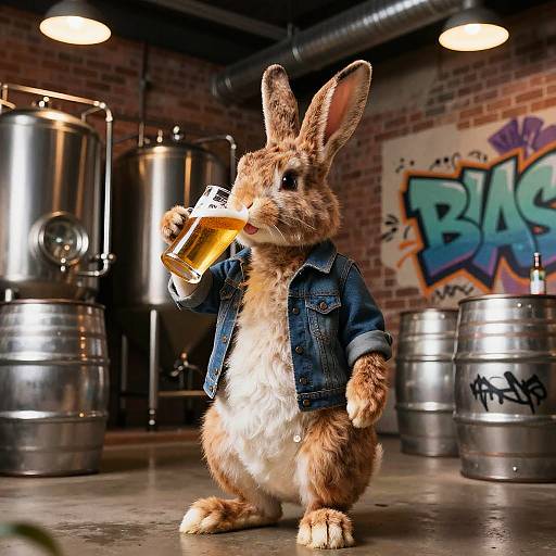 Photograph of a brown, white-furred bunny wearing a denim jacket, holding a beer bottle, standing in a grungy, graffiti-covered brewery