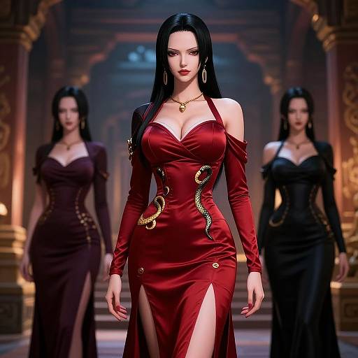 Digital art: three attractive women with long black hair in elegant evening gowns, two in dark colors, one in red with gold accents, walking down
