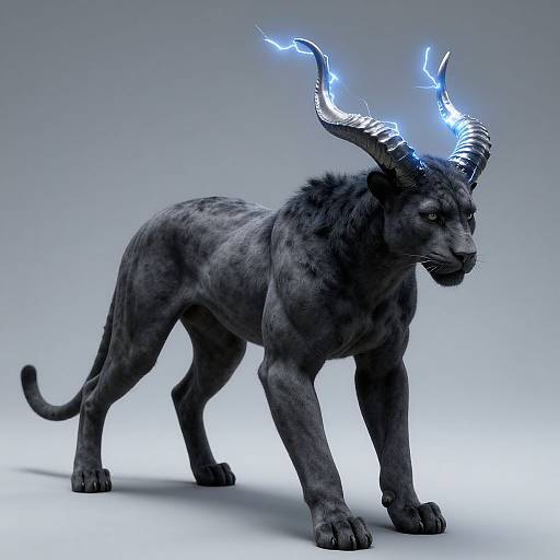 Digital CGI of a dark-furred, mythical creature with glowing blue horns and electric sparks, standing on a gradient gray background.