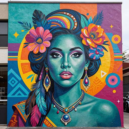 Vibrant digital portrait of a green-skinned woman with colorful flowers in her hair, adorned with feathers and jewelry, set against a bold, geometric