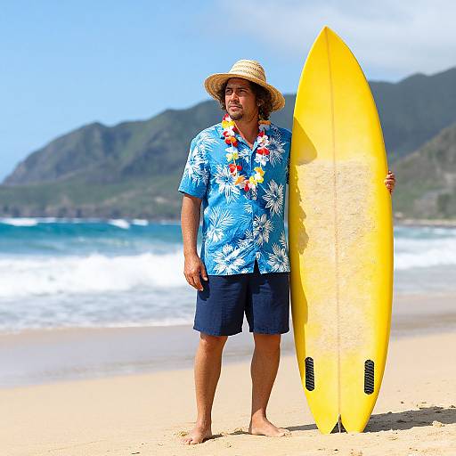 Photograph of a man with tan skin, wearing a straw hat, blue floral shirt, dark shorts, and lei, standing on a beach holding a