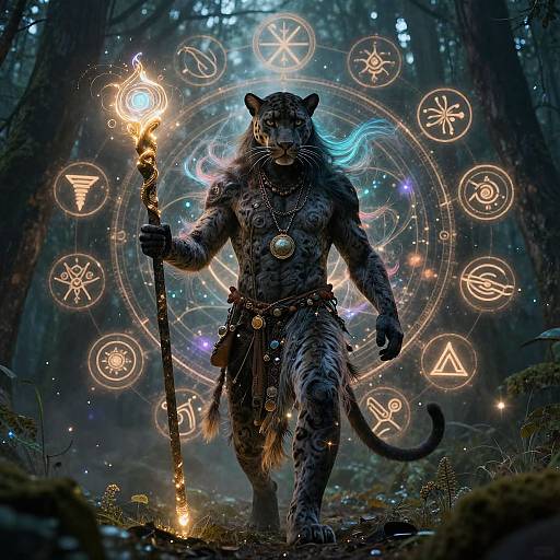 Digital art of a muscular, anthropomorphic black panther with blue hair, holding a glowing torch, standing in a mystical forest surrounded by magical symbols.