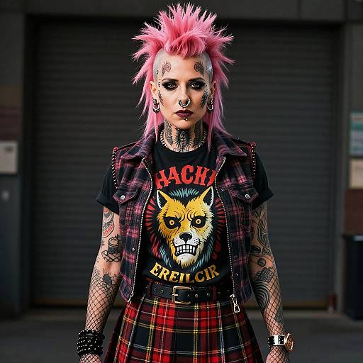 Photograph of punk girl with pink spiky hair, black 