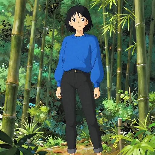 Anime-style drawing of a girl with black hair, blue sweater, and black pants standing in a vibrant bamboo forest.