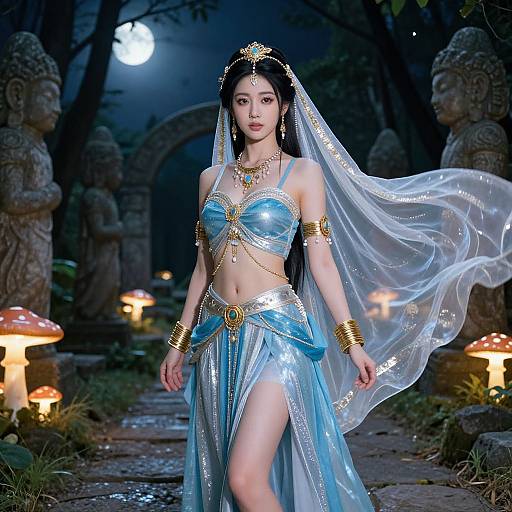 Digital artwork of an Asian woman in a shimmering blue harem outfit with gold jewelry, veil, and headpiece, walking through a moonlit forest