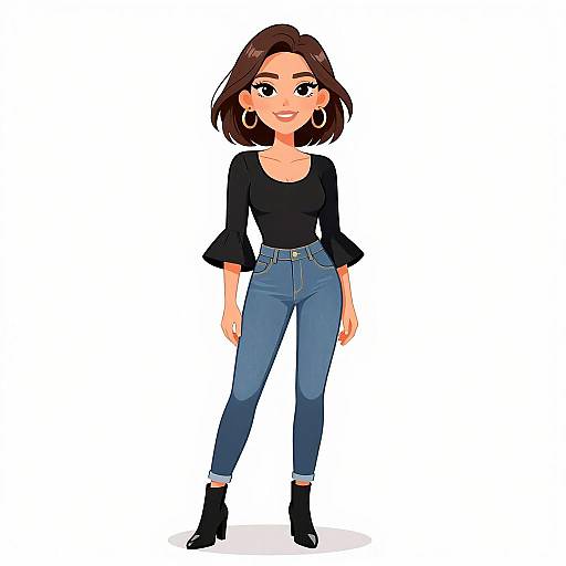 Digital cartoon of a smiling woman with brown hair, wearing a black top, blue jeans, and black ankle boots, standing against a white background.
