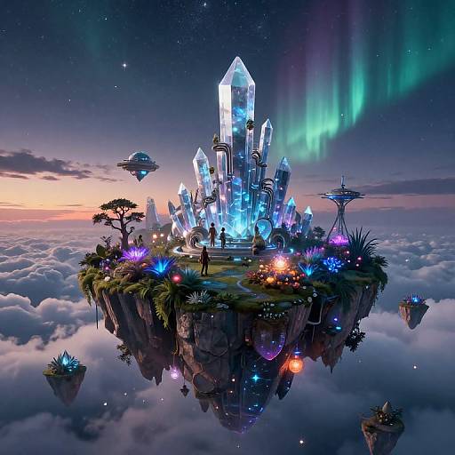 Fantasy CGI: Glowing crystal fortress on floating island, surrounded by colorful bioluminescent plants, starry night sky, aurora, and