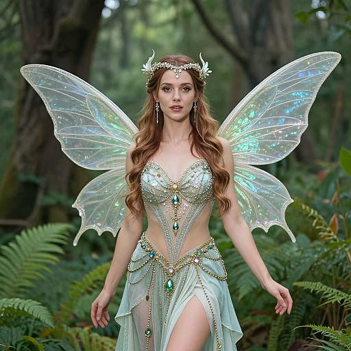 Photorealistic digital artwork of a fairy with long brown hair, translucent iridescent wings, wearing a shimmering silver and green fantasy gown, adorned