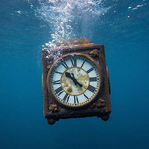 Photograph of a rusted, underwater clock with black Roman numerals and hands, surrounded by bright, bubbly blue water.
