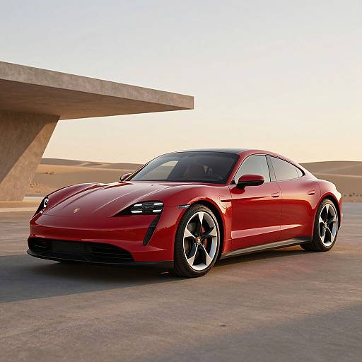 Sleek Red Porsche Taycan at Golden Hour