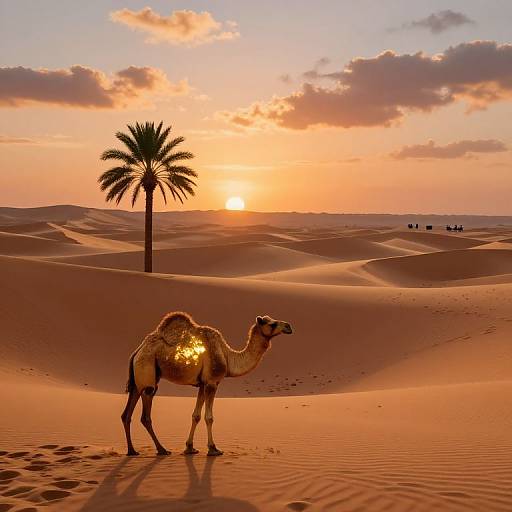 Photograph of a sunlit desert at sunset, featuring a single camel with a glowing sun reflection on its side, standing in front of rolling sand d
