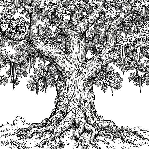 Gigantic Ancient Oak Tree Coloring Page