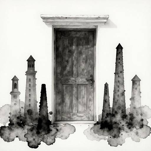Black-and-white watercolor of a wooden door centered between four tall, dark, smoke-like towers with pointed roofs, creating a mysterious, gothic atmosphere