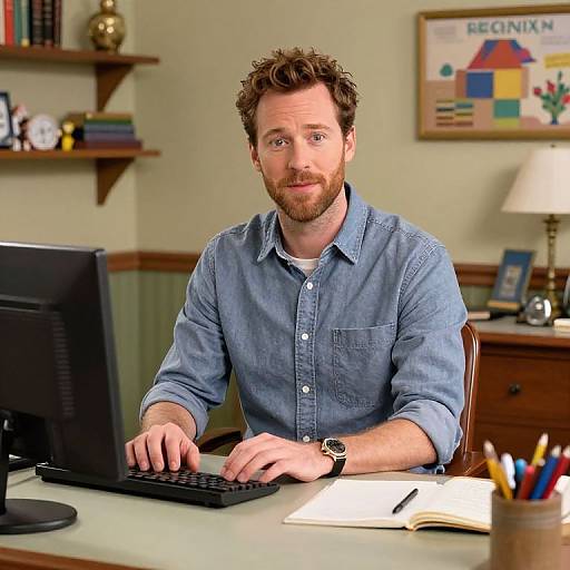 Photograph of a bearded, curly-haired man in a blue shirt, typing on a laptop in a cluttered office with bookshelves, a