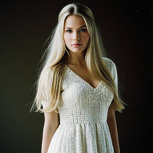 Blonde Woman in Knitted White Dress