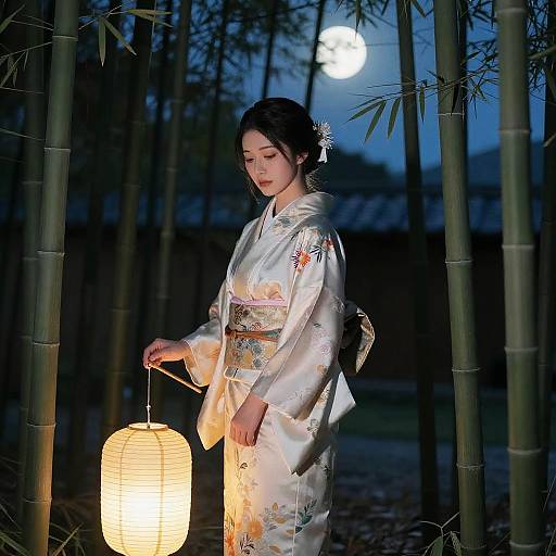 Moonlit Bamboo Grove: Silk Kimono Reverie