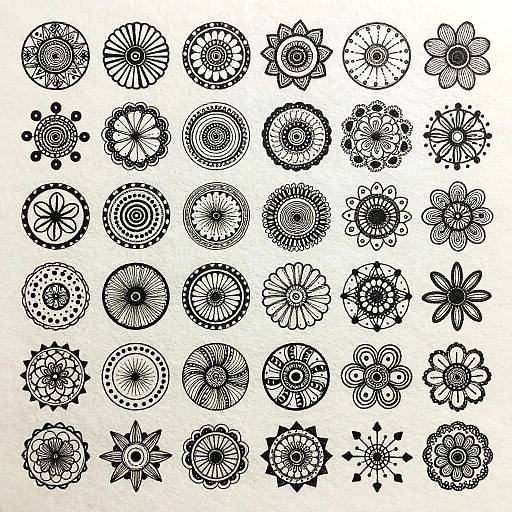 Black-and-white ink drawing of 49 intricately detailed, circular and star-shaped floral patterns arranged in a grid on a white background.