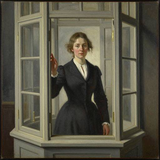 Oil painting of a Victorian-era woman with curly brown hair, wearing a black dress, standing in an open, white-framed window.