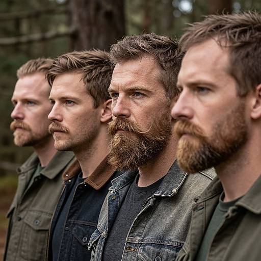 Photograph of four bearded men with rugged appearances, standing in profile, wearing denim jackets, in a forest background. Their serious expressions contrast with the