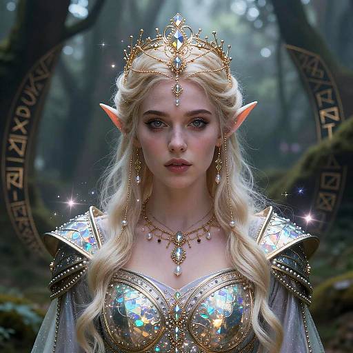 Digital fantasy portrait of a blonde elven queen with pointed ears, wearing a golden crown, iridescent armor, and intricate jewelry, standing in a