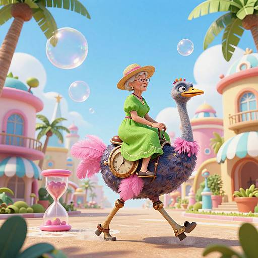 Elderly Woman Riding Clockwork Ostrich
