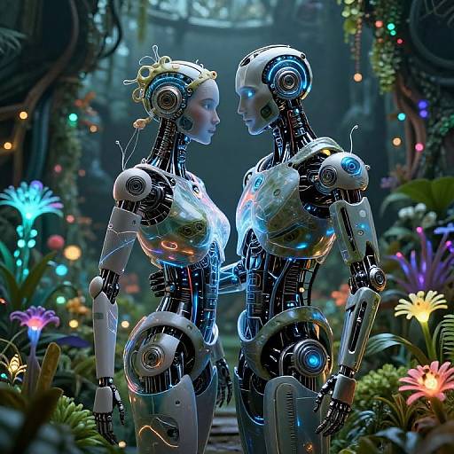 Cybernetic Embrace in Bioluminescent Garden