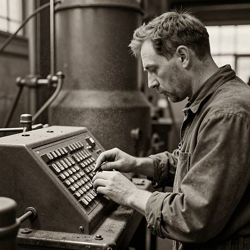 Black-and-white photograph of a focused, bearded man in a denim shirt operating an old, mechanical typewriter machine in an industrial setting.