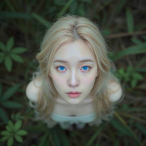 Photograph of a young woman with fair skin, blonde hair, and striking blue eyes, looking up with a neutral expression, surrounded by dark green foliage