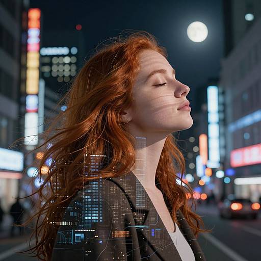 Photograph of a red-haired woman with closed eyes, standing in a neon-lit city street at night, wearing a black blazer. Digital overlay