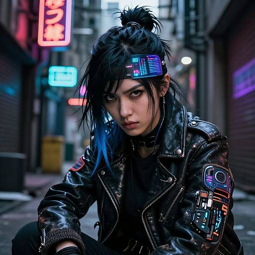 Cyberpunk street scene: Young woman with black hair in a messy bun, neon headband, black leather jacket, and cybernetic patches,