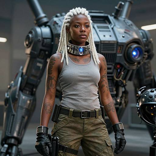 Photograph of a tattooed, dark-skinned woman with white dreadlocks, wearing a gray tank top, green cargo pants, and black gloves,
