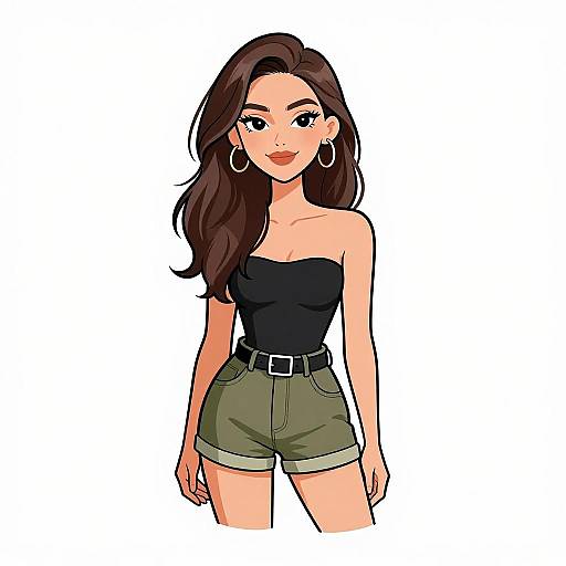 Digital illustration of a confident woman with long brown hair, wearing a black strapless top, olive green high-waist shorts, and large hoop earrings