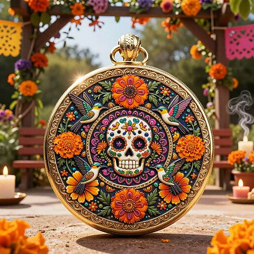 Filigree Gold Locket with Dia de los Muertos Design