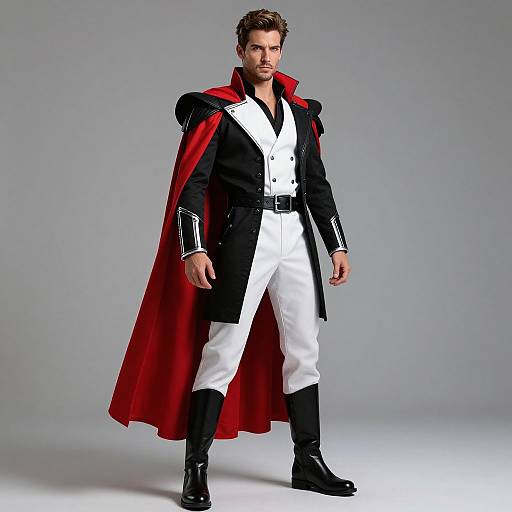 Photograph of a handsome man with short brown hair, wearing a black and white military-style coat with red cape, white pants, and black boots,