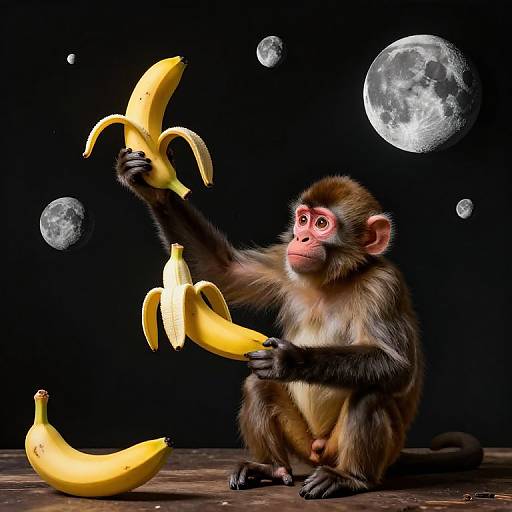 Digital artwork of a curious monkey holding a peeled banana, surrounded by three unpeeled bananas and moonlit stars against a black background.