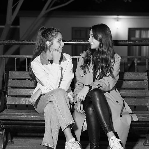 Black and White Portrait of Two Women Sitting on Bench